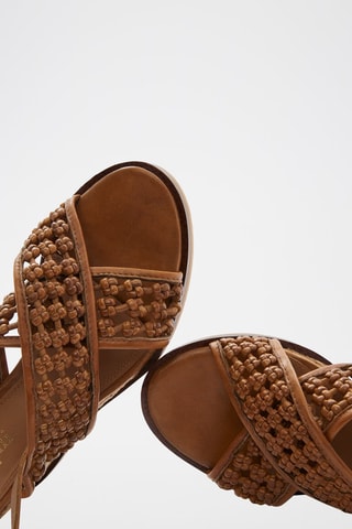Sandales compensées en cuir de mouton - Camel