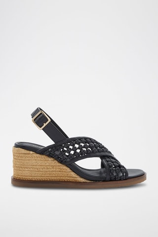 Sandales compensées en cuir de mouton - Noir