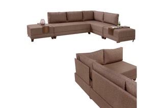 Canapé d'angle droit convertible Fly Marron et imitation noyer - 4 places - Couchage 140 x 190 cm