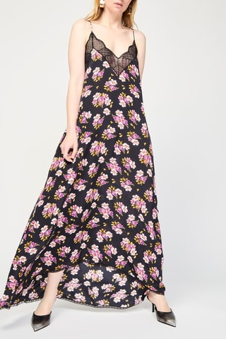 Robe longue en soie - Noir et rose