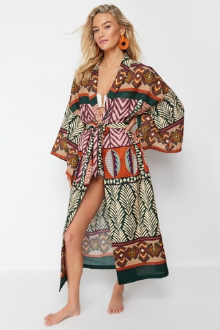 Kimono de plage - Beige et vert foncé