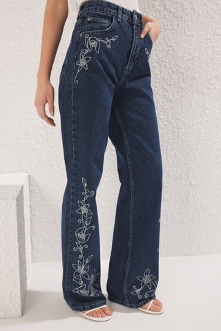 Jean wide legs taille haute - Bleu marine