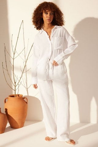 Pantalon wide legs en lin taille haute - Blanc
