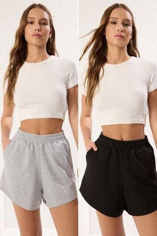 2 shorts taille haute - Gris clair chiné et noir
