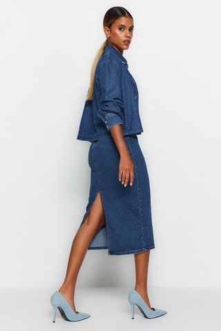 Jupe droite en jean taille haute - Bleu marine