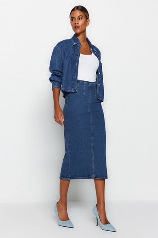 Jupe droite en jean taille haute - Bleu marine