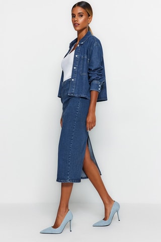 Jupe droite en jean taille haute - Bleu marine
