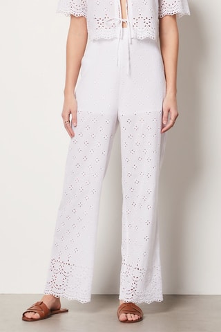 Pantalon droit en broderie anglaise taille haute - Ecru