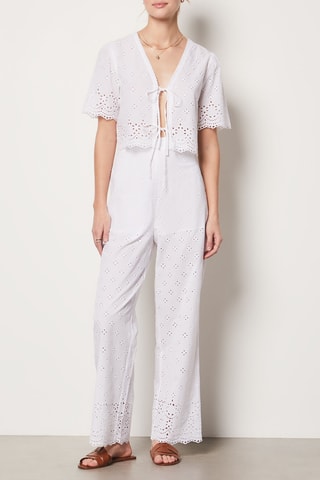 Pantalon droit en broderie anglaise taille haute - Ecru