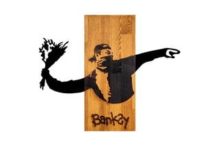 Decoração de parede em madeira "Le Lanceur de fleurs" Banksy - 69 x 58 x 3 cm - Natural e preto