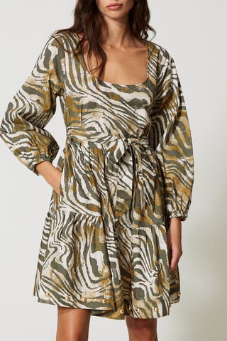 Vestido com folhos - caqui e branco