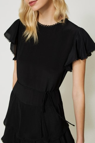Vestido com folhos de seda - Preto