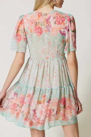Vestido com folhos - Azul-celeste e laranja