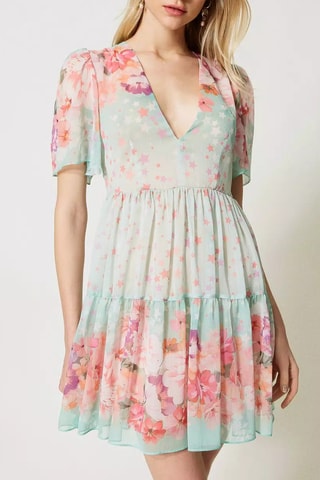 Vestido com folhos - Azul-celeste e laranja