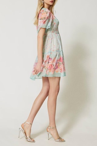 Vestido com folhos - Azul-celeste e laranja