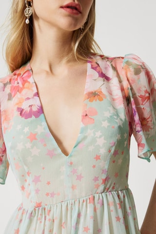 Vestido com folhos - Azul-celeste e laranja