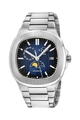 Montre automatique en acier SW285-1A - Fonction GMT et compteur phases de la  lune - Argenté et bleu