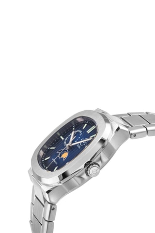 Montre automatique en acier SW285-1A - Fonction GMT et compteur phases de la  lune - Argenté et bleu