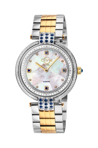 Montre à quartz en acier doré à l'or fin jaune, nacre et diamants Matera