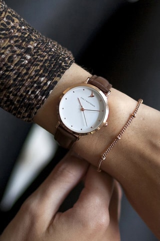 Relógio clássico - Couro castanho - Mostrador branco e dourado-rosa - 33 mm - Emily Westwood