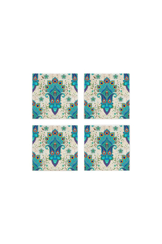4 bases de copos em pedra natural - 10 cm - Turquesa e cru