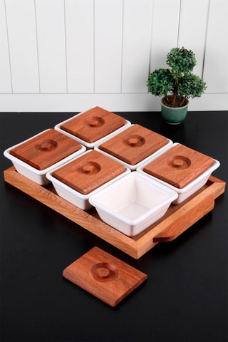 Plateau apéritif en porcelaine et bois - 13 pièces