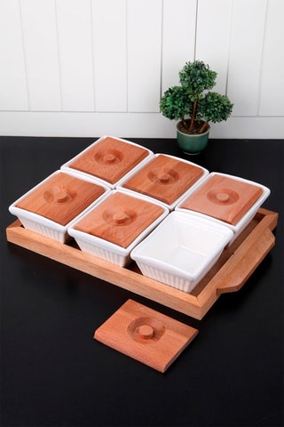 Plateau apéritif en porcelaine et bois - 13 pièces