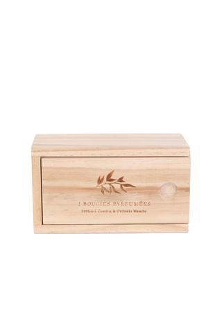 2 bougies et coffret en bois - Orchidée blanche et fleurs de printemps