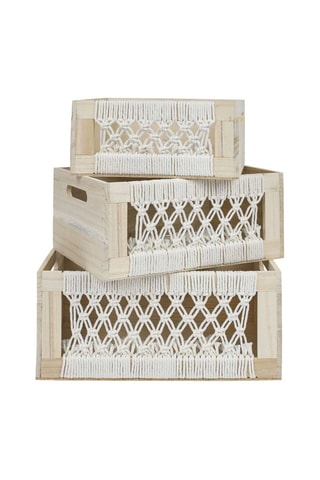 3 paniers de rangement en bois de paulownia Gigogne Boho - Beige et blanc