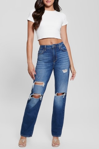 Jean relaxed straight taille haute - Bleu pétrole