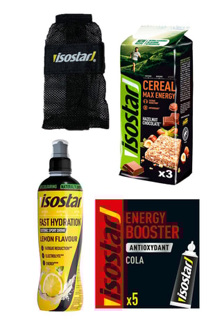 3 gels énergétiques Energy Booster Cola, 6 boissons Fast Hydratation saveur Citron et 6 barres énergétiques Céréal Max noisette et chocolat - 100 g, 500 ml et 165 g