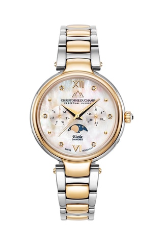 Stalen Quartz Horloge met Saffierglas en Diamanten - Maanstandweergave Zilverkleurig en Goudkleurig