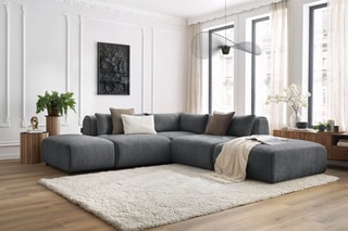 Canapé d'angle modulable et 2 poufs Jeanne - Gris foncé - 5 places - En tissu texturé