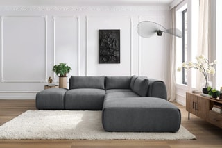 Canapé d'angle modulable et 2 poufs Jeanne - Gris foncé - 5 places - En tissu texturé