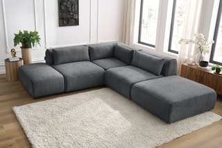 Canapé d'angle modulable et 2 poufs Jeanne - Gris foncé - 5 places - En tissu texturé