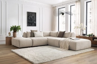 Canapé d'angle modulable et 2 poufs Jeanne - Beige - 5 places - En tissu texturé
