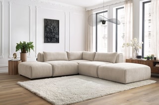 Canapé d'angle modulable et 2 poufs Jeanne - Beige - 5 places - En tissu texturé