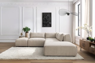 Canapé d'angle modulable et 2 poufs Jeanne - Beige - 5 places - En tissu texturé