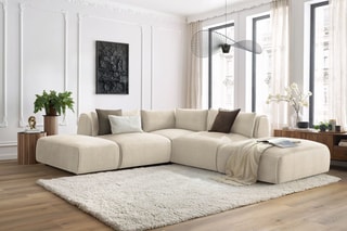 Canapé d'angle modulable et 2 poufs Jeanne - Beige - 5 places - En tissu velours