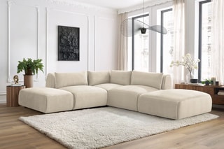 Canapé d'angle modulable et 2 poufs Jeanne - Beige - 5 places - En tissu velours
