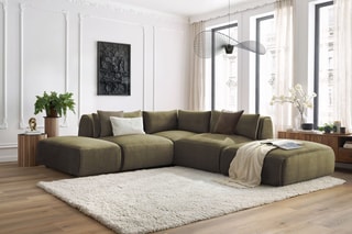 Canapé d'angle modulable et 2 poufs Jeanne - Vert - 5 places - En tissu velours