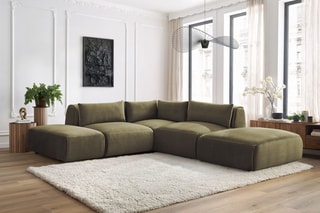 Canapé d'angle modulable et 2 poufs Jeanne - Vert - 5 places - En tissu velours