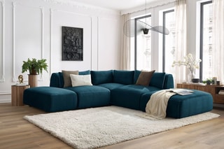 Canapé d'angle modulable et 2 poufs Jeanne - Bleu foncé - 5 places - En tissu velours