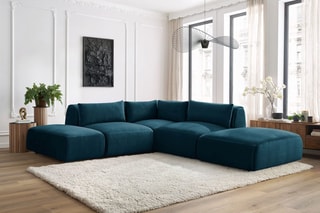 Canapé d'angle modulable et 2 poufs Jeanne - Bleu foncé - 5 places - En tissu velours