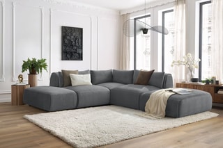 Canapé d'angle modulable et 2 poufs Jeanne - Gris foncé - 5 places - En tissu velours