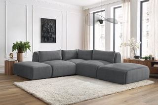 Canapé d'angle modulable et 2 poufs Jeanne - Gris foncé - 5 places - En tissu velours