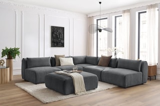 Canapé d'angle modulable et pouf Jeanne - Gris foncé - 6 places - En tissu texturé