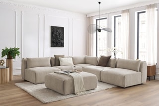 Canapé d'angle modulable et pouf Jeanne - Beige - 6 places - En tissu texturé