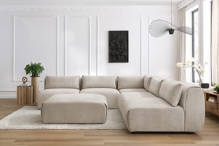 Canapé d'angle modulable et pouf Jeanne - Beige - 6 places - En tissu texturé