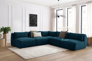 Canapé d'angle modulable Jeanne - Bleu foncé - 5 places - En tissu velours
